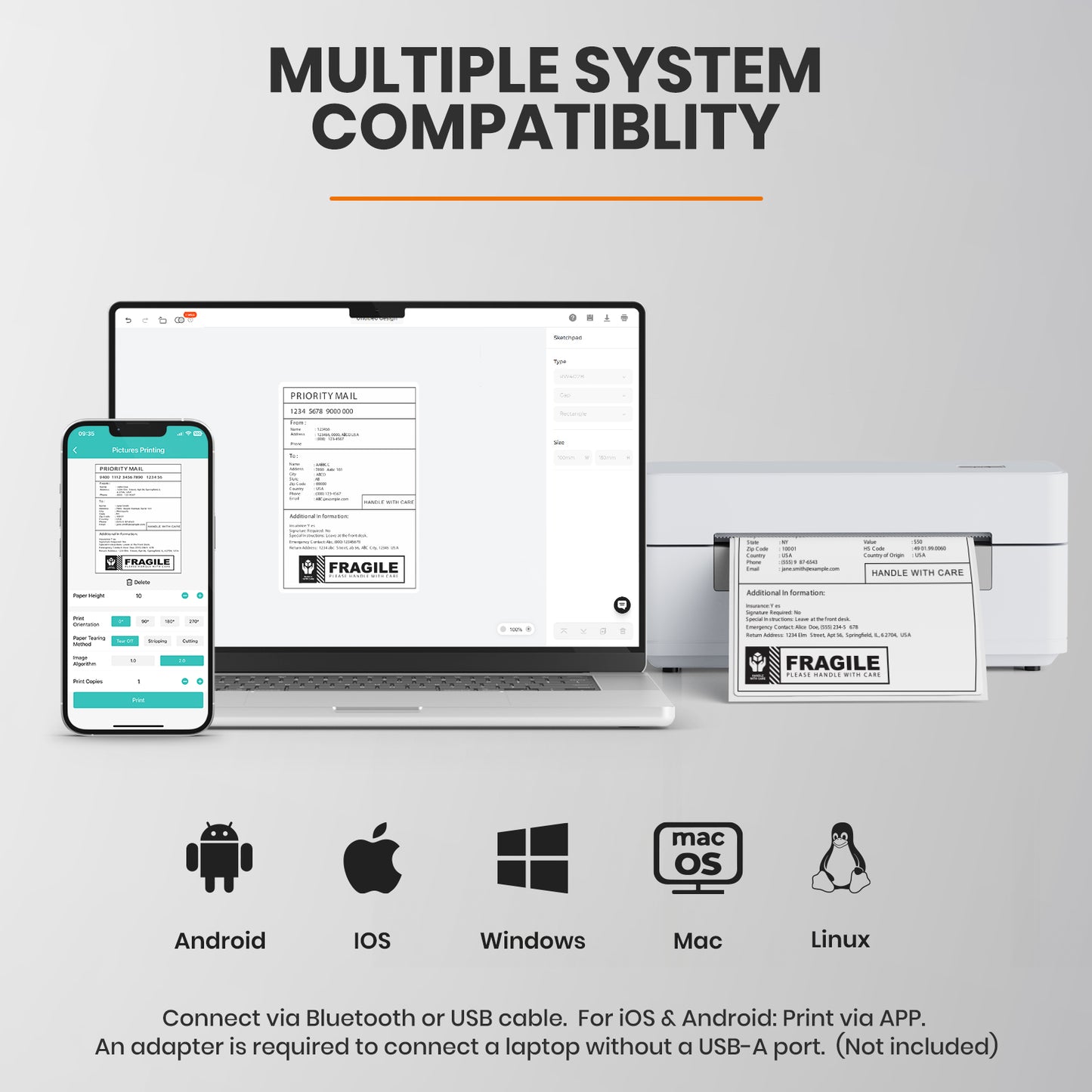 D464B Thermal Shipping Label Printer Bluetooth & USB Compatible with Windows, Mac, Linux, iOs and Android