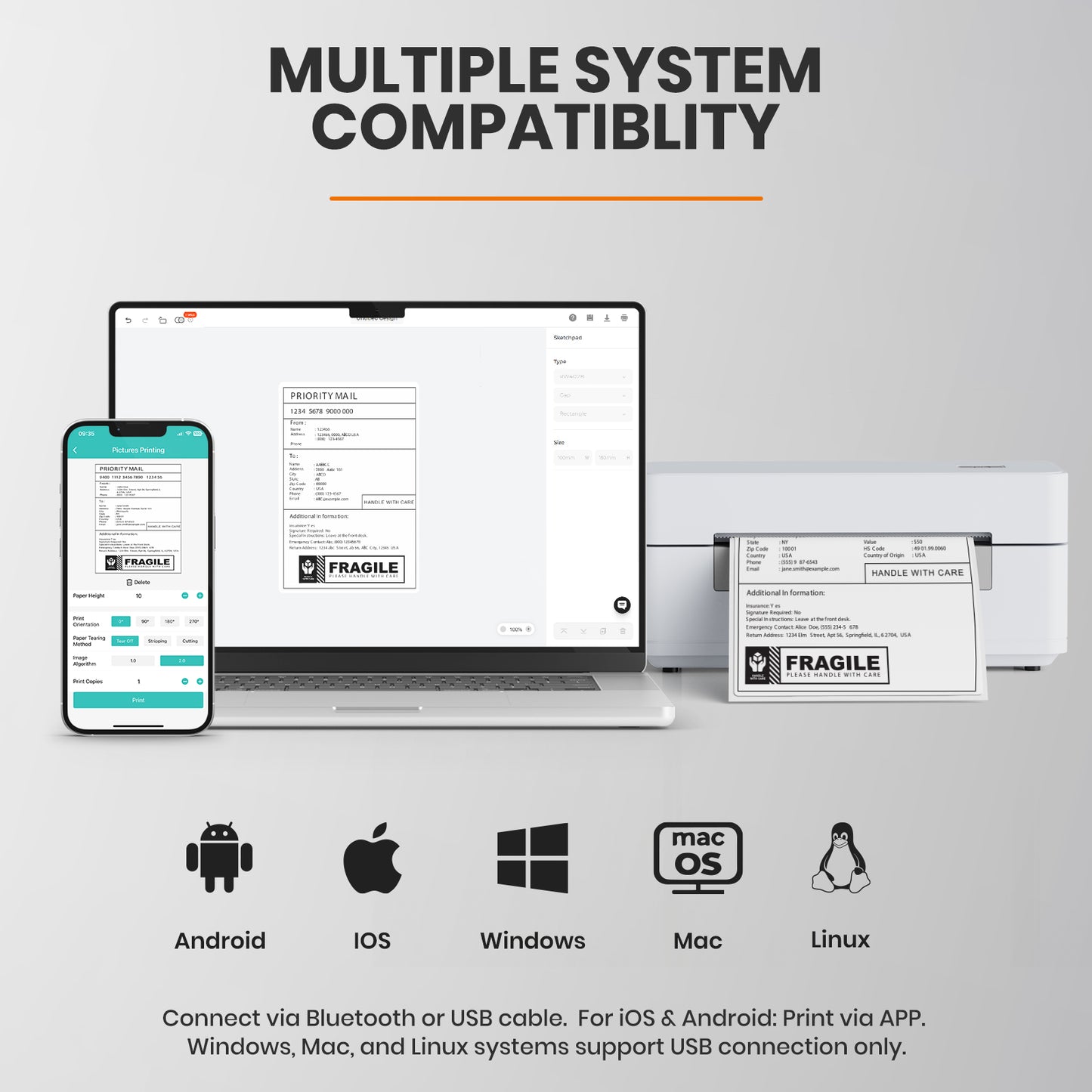 Bluetooth Thermal Shipping Label Printer 4x6 Wireless Direct Thermal Label Machine Small Business High Speed Portable Maker Compatible with Android, iOS & Windows for ebay Shopify USPS