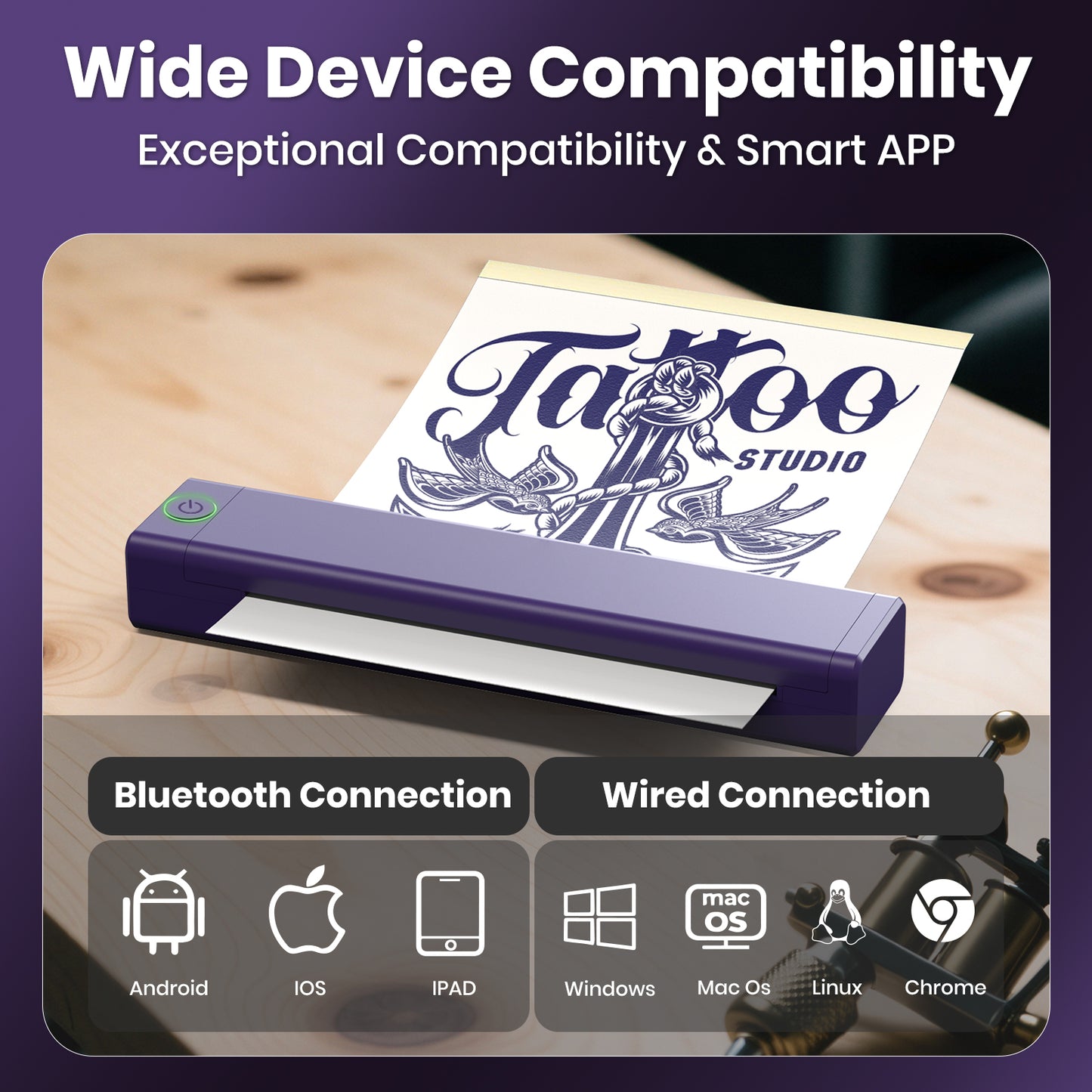 Tattoo Stencil Printer Wireless Bluetooth Portable Thermal Copier Machine with 5 Transfer Papers for Artists & Beginners Compatible with Phone Tablet PC