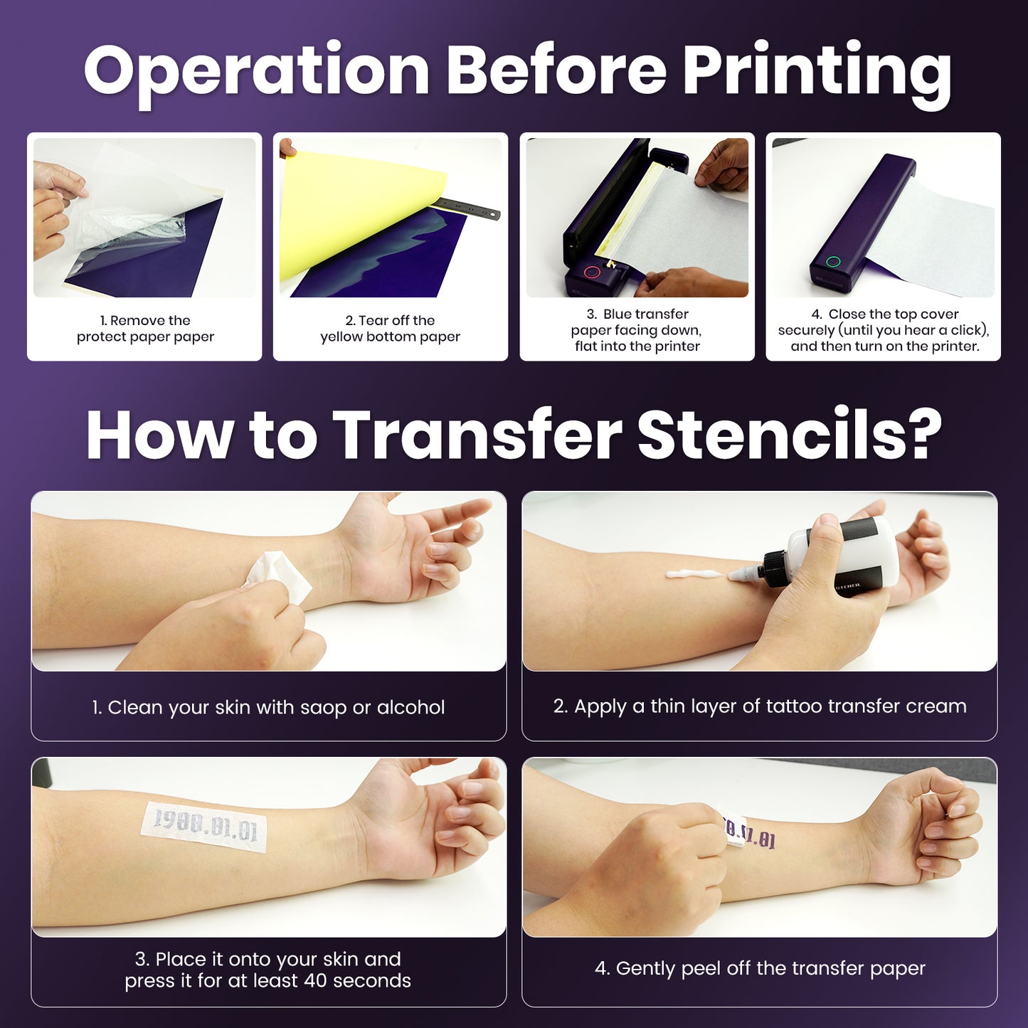 Tattoo Stencil Printer Wireless Bluetooth Portable Thermal Copier Machine with 5 Transfer Papers for Artists & Beginners Compatible with Phone Tablet PC